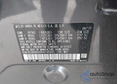 2017 Honda Hr-V Lx из США, поврежденный, VIN 3CZRU5H35HG705093